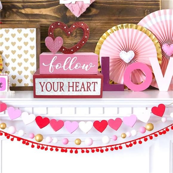 Valentines Day Decor 3-Layered Pink Love Heart, Wooden Table Decorations - Picture 5 of 14
